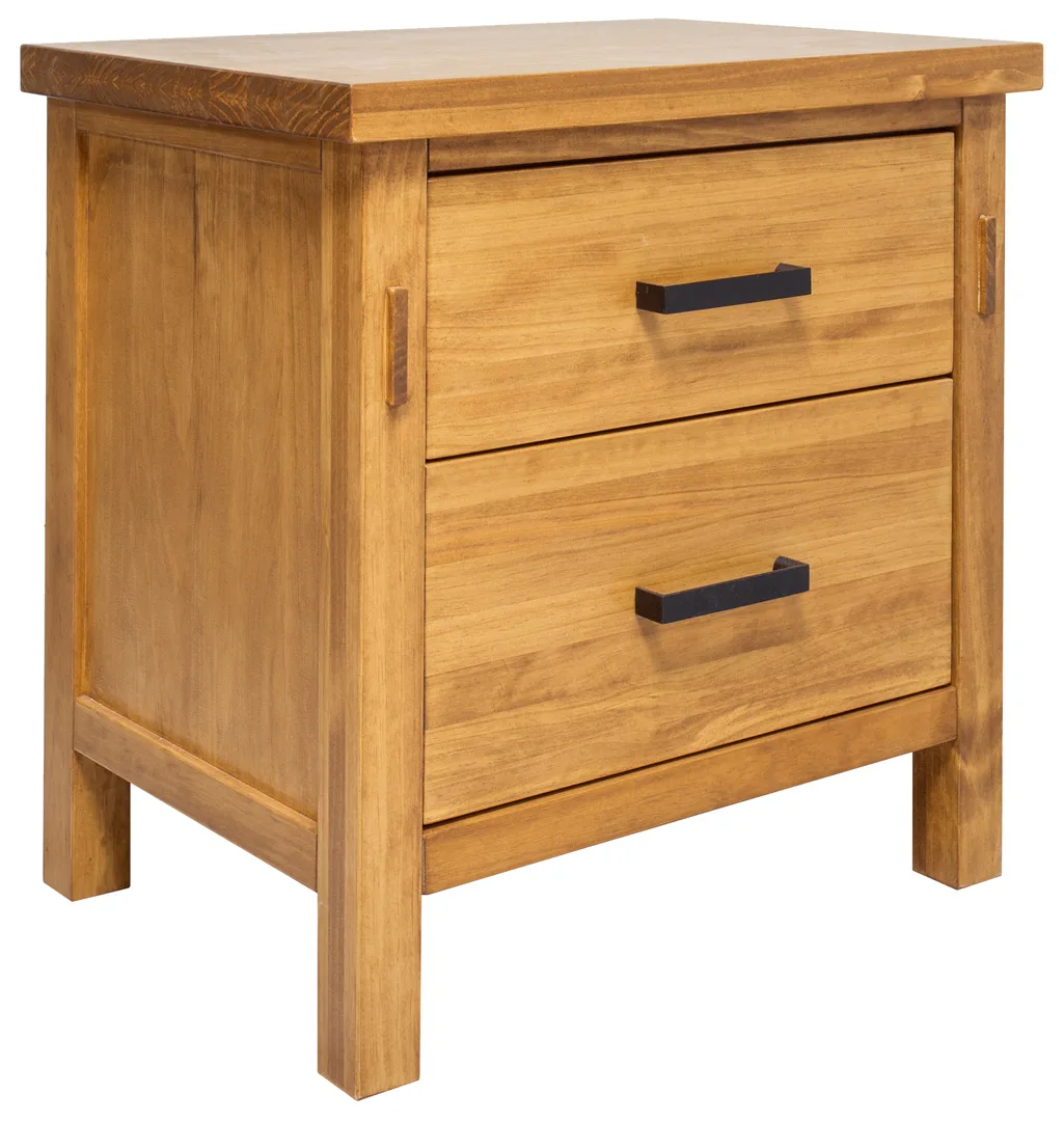 Hudson two drawers bedside table, solid pine, rustic stain