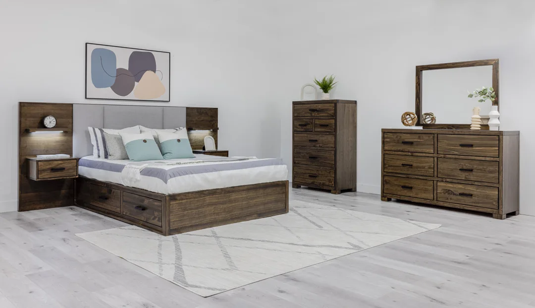 Solid wood storage bed with floating night tables