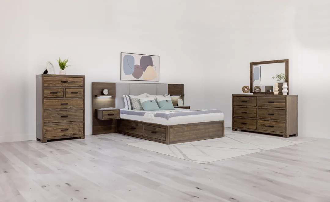 Oliver solid wood bedroom suite with under bed storage and floating night tables