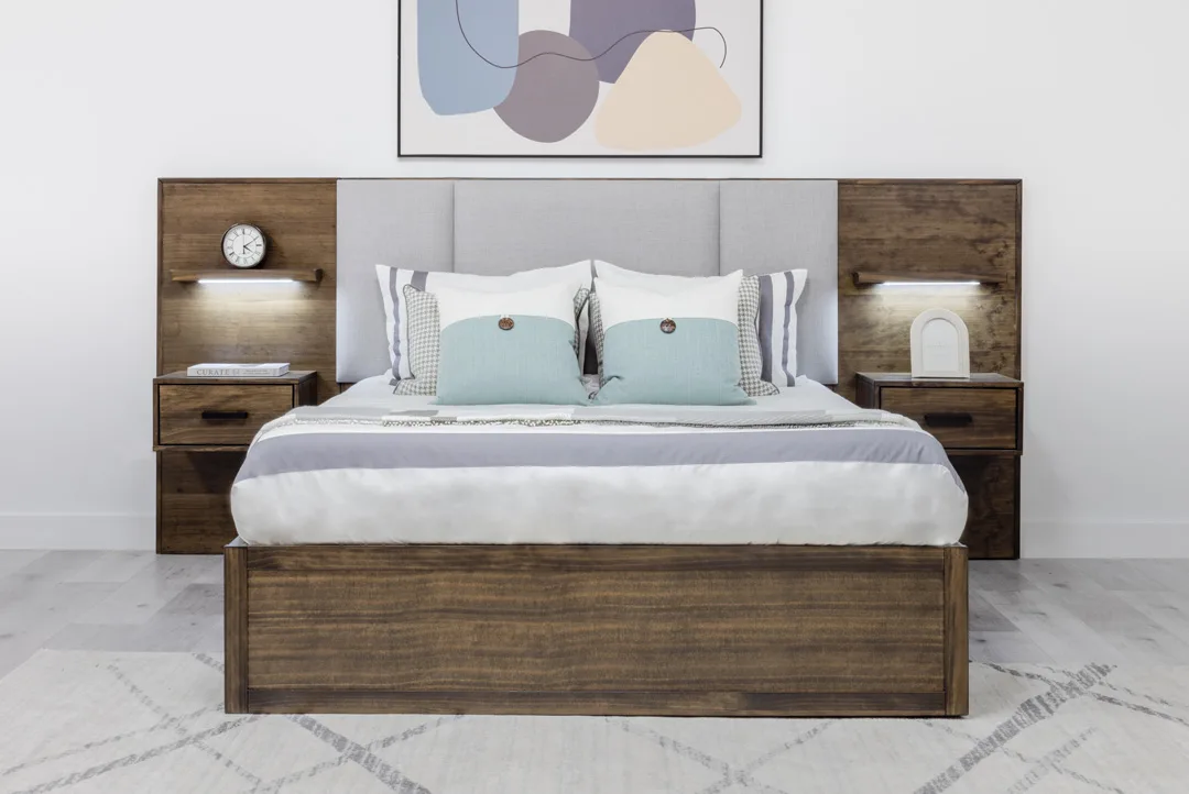 Olive storage bed with Floating night tables and upholstered headboard