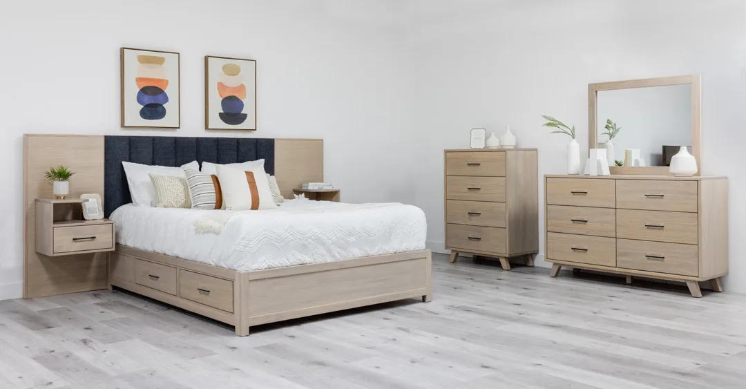 Saltstone bedroom suite with floating night tables and side storage