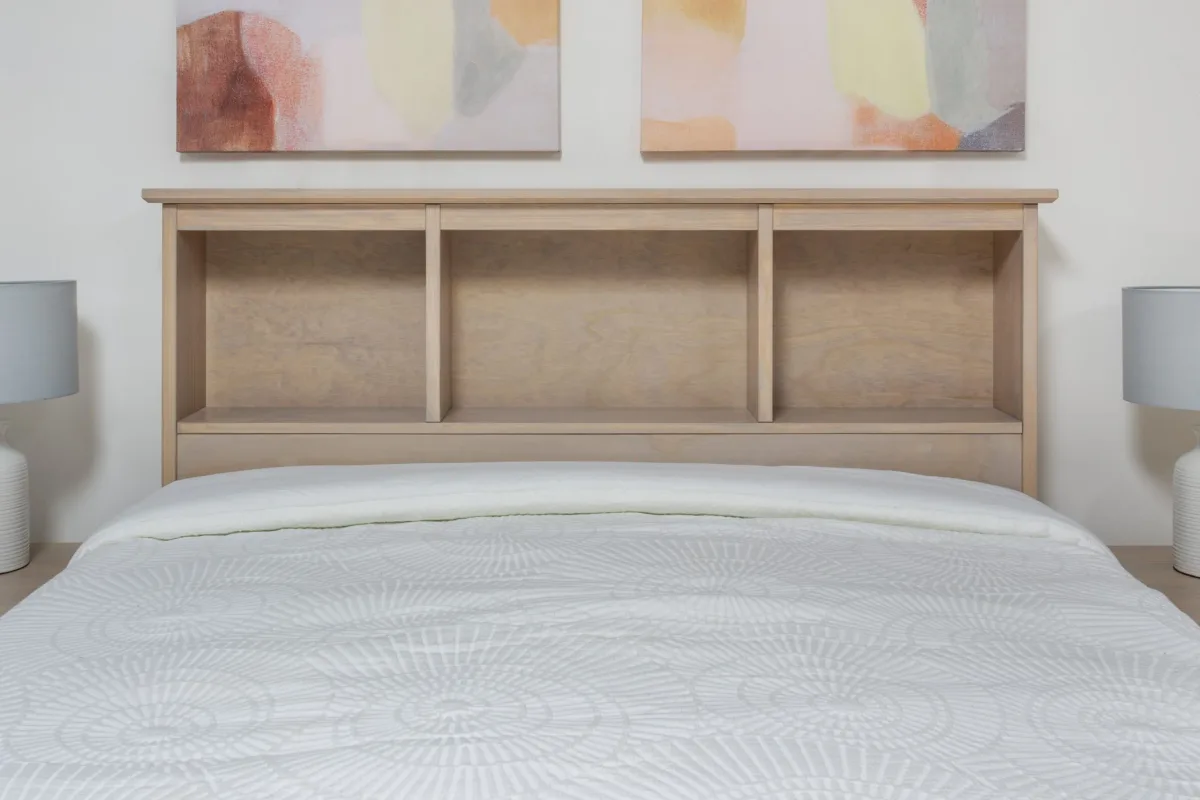 Solid wood bookcase headboard by Mako Wood Furniture